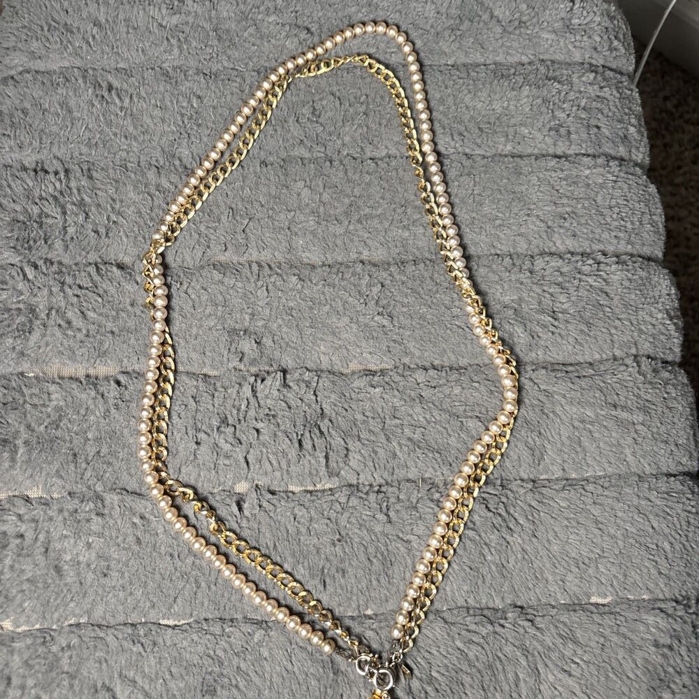 VTG SARAH COVENTRY Signed Baroque Faux Pearl Gold Tone Double Chain Necklace 30" - Picture 5 of 6
